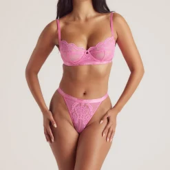 Blossom Balcony Bra & Thong Set - Hot Pink