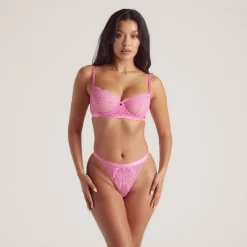 Blossom Balcony Bra & Thong Set - Hot Pink