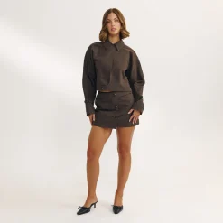 Button Detail Mini Skirt - Dark Brown