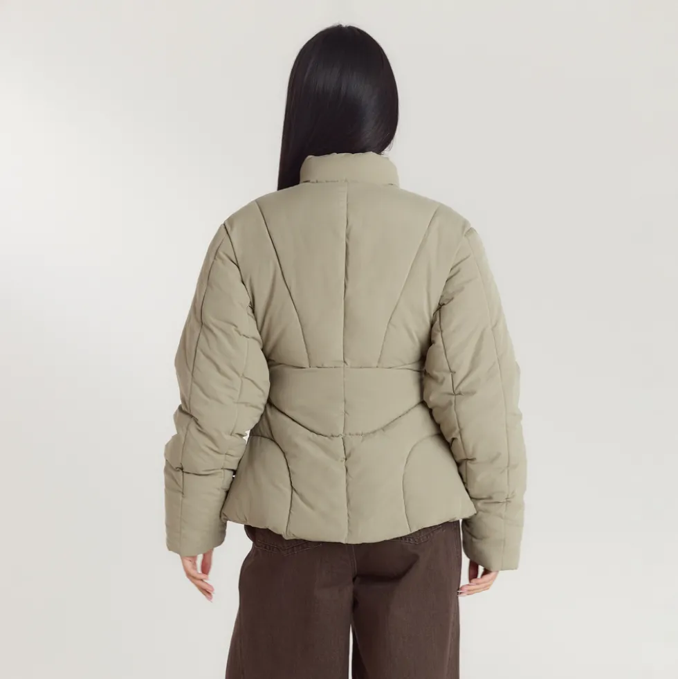 Cinched Puffer Coat - Thyme
