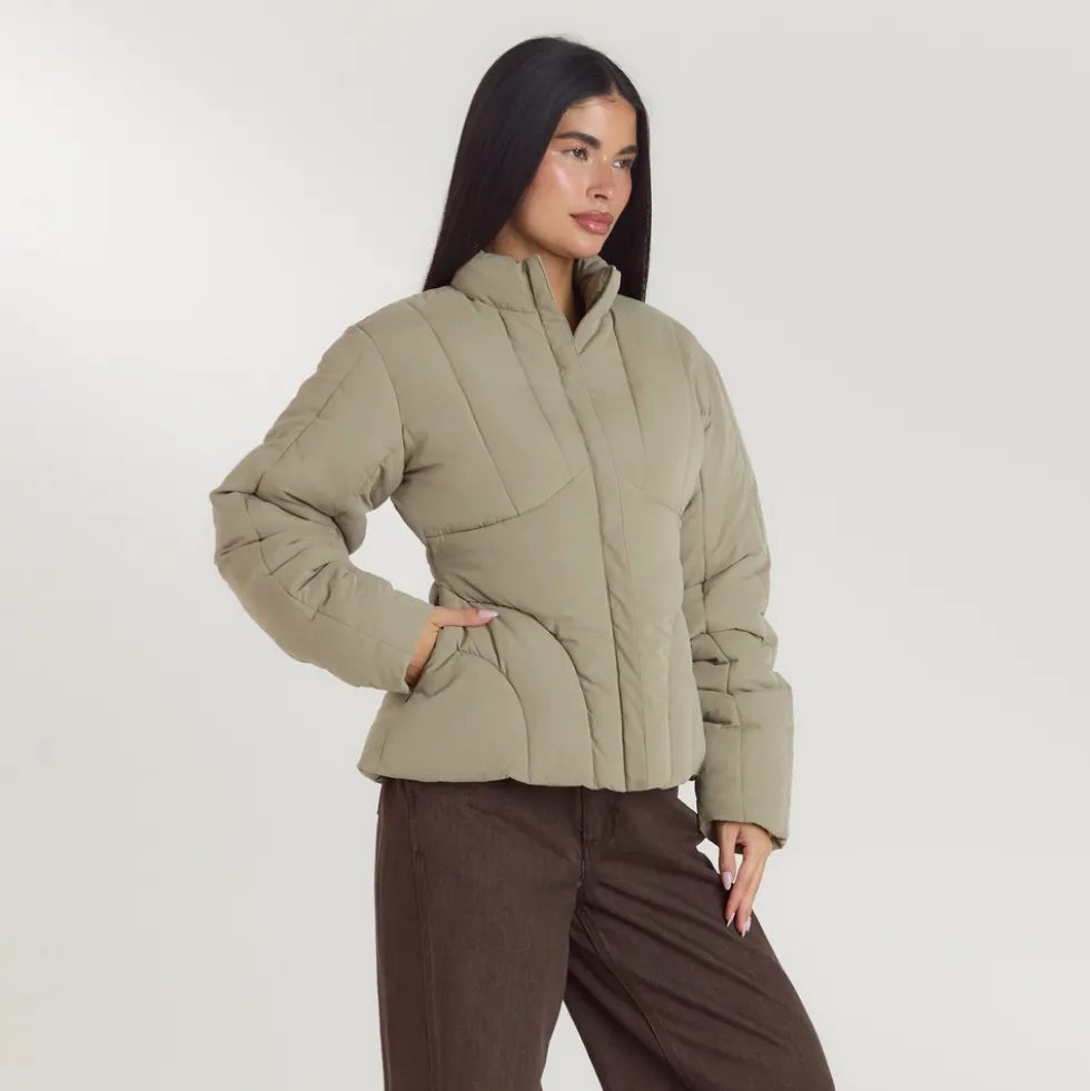 Cinched Puffer Coat - Thyme