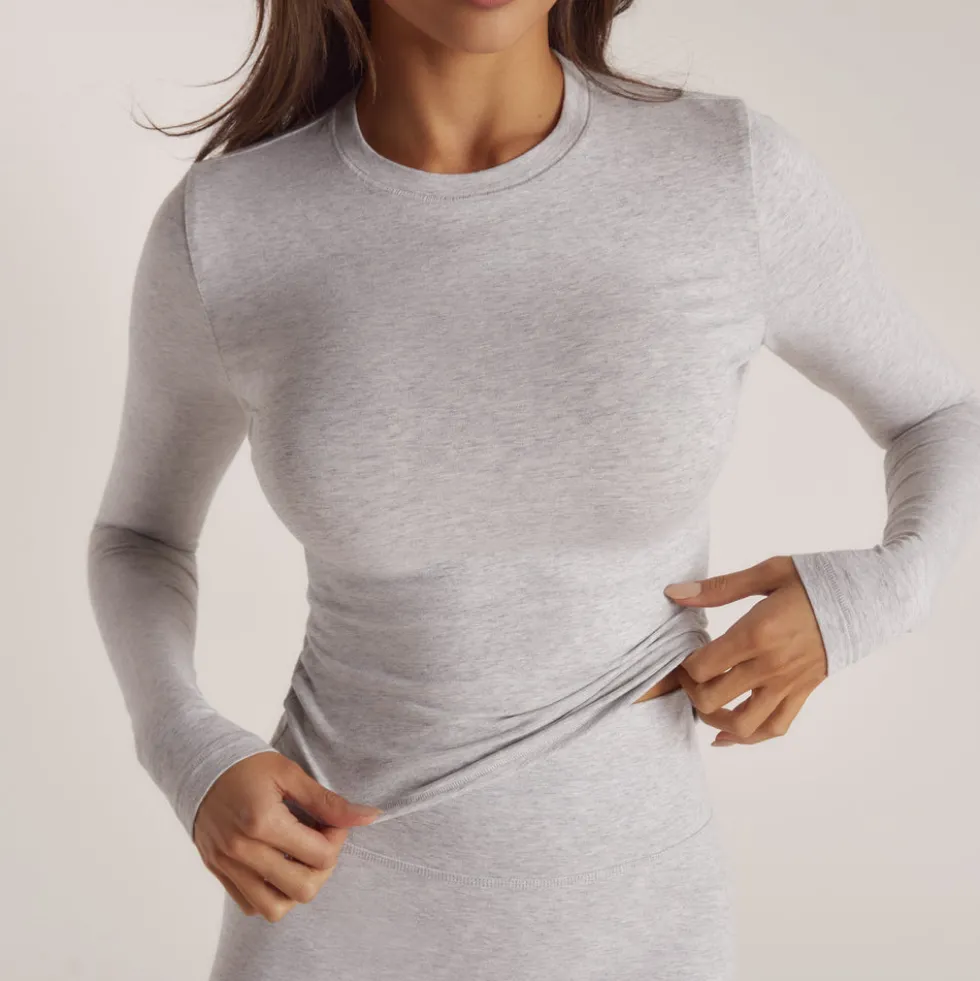 Cotton Blend Long Sleeve Top - Grey Marl