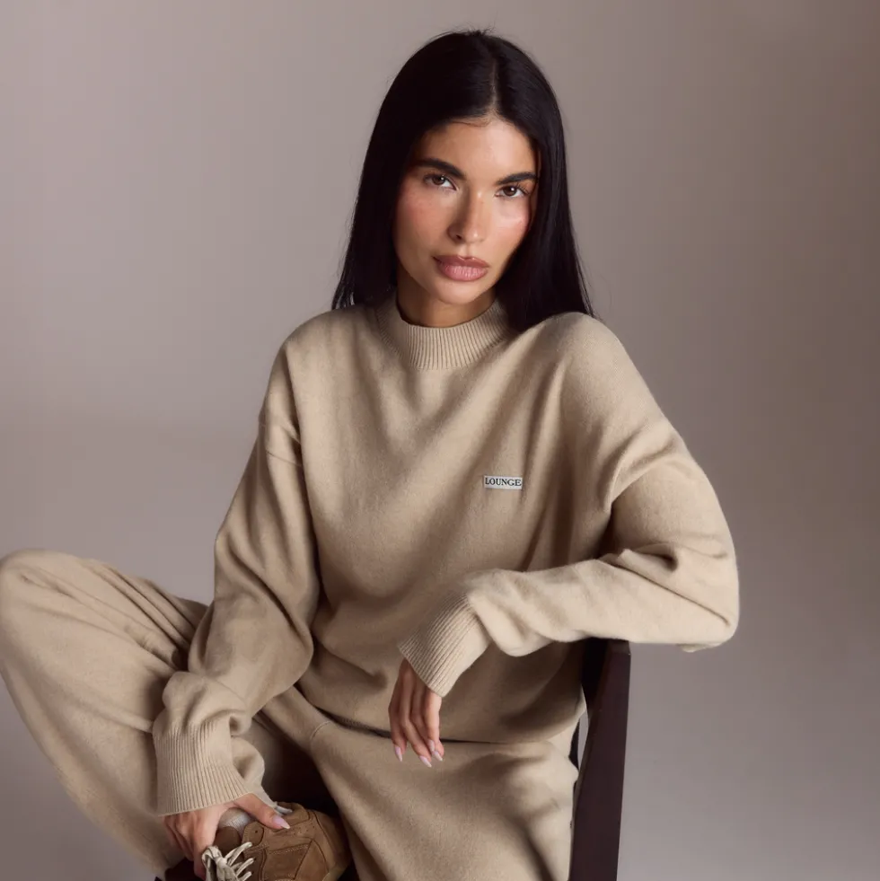 Cuffed Crew Neck Knitted Jumper - Oatmeal Marl