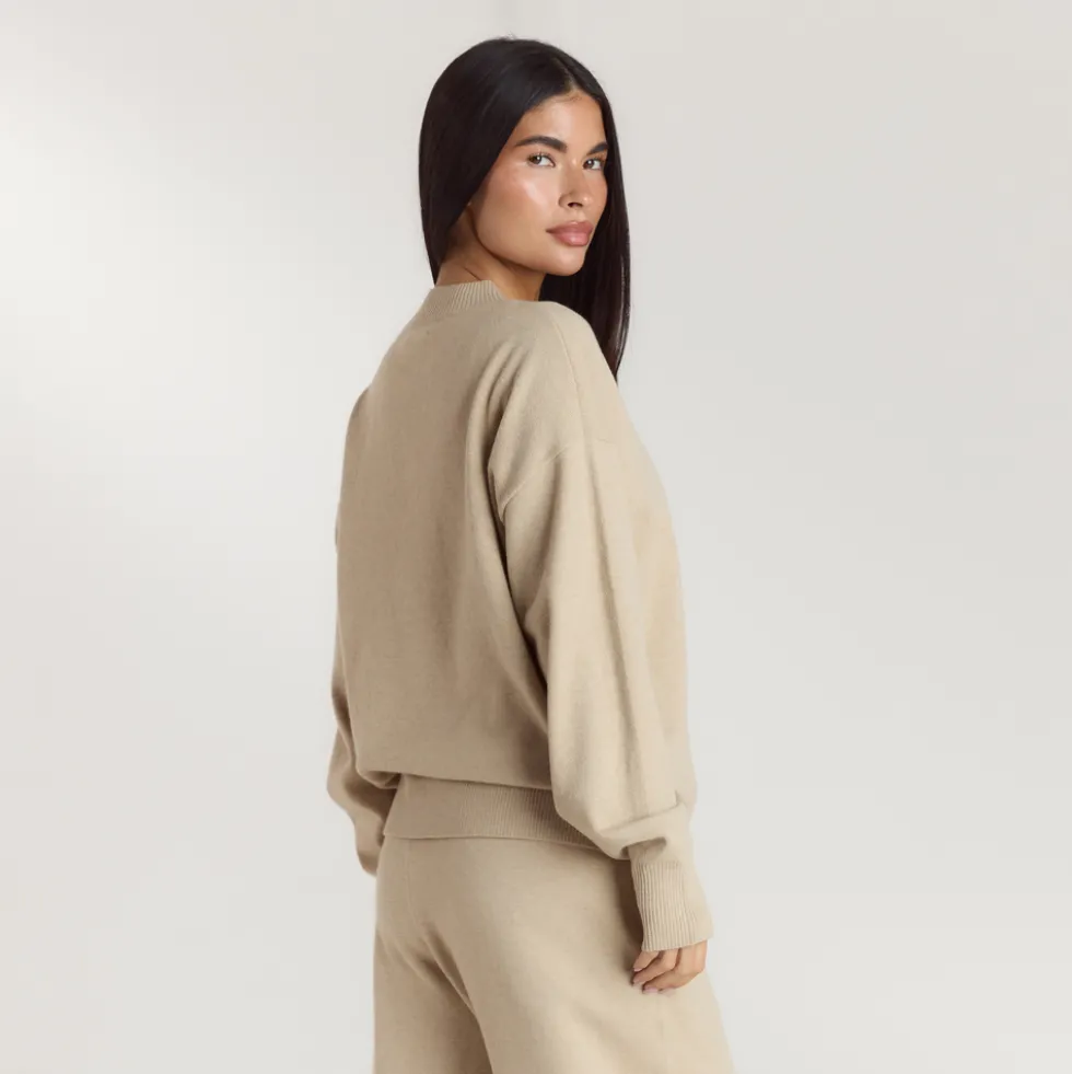 Cuffed Crew Neck Knitted Jumper - Oatmeal Marl