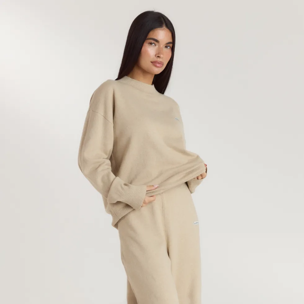 Cuffed Crew Neck Knitted Jumper - Oatmeal Marl