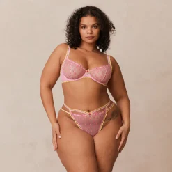 Daisy Embroidered Balcony Bra & Thong/Briefs Set - Pink