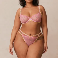 Daisy Embroidered Balcony Bra & Thong/Briefs Set - Pink