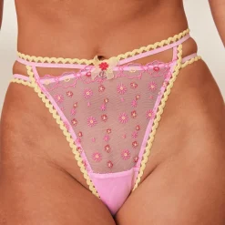 Daisy Embroidered Balcony Bra & Thong/Briefs Set - Pink