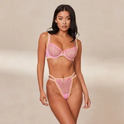 Daisy Embroidered Balcony Bra & Thong/Briefs Set - Pink