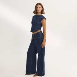 Dipped-Waist Wide-Leg Jeans - Indigo Blue