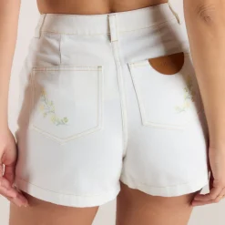 Embroidered Denim Shorts - White