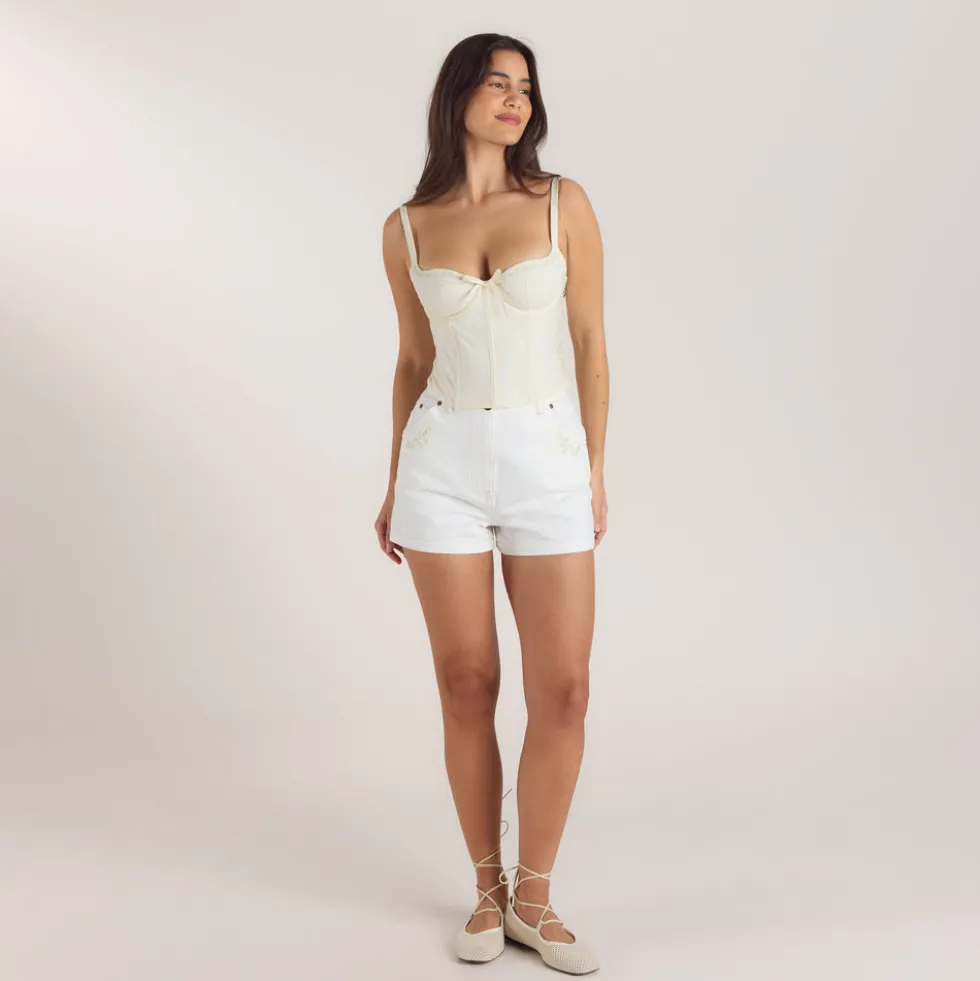 Embroidered Floral Corset Top - Buttercream