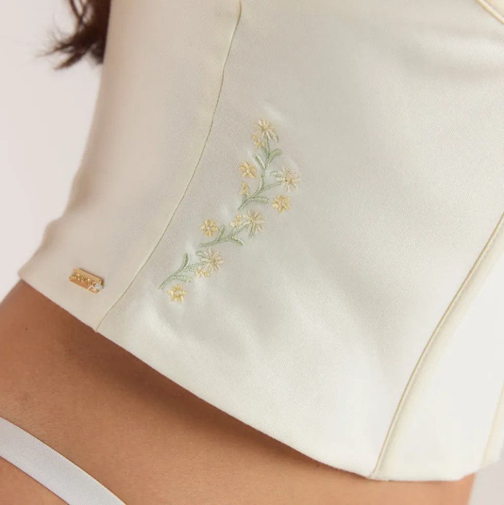 Embroidered Floral Corset Top - Buttercream