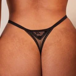 Flocked Floral Balcony Bra & Thong/Briefs Set - Black