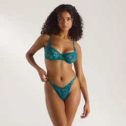 Flocked Floral Balcony Bra - Teal