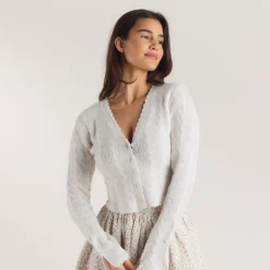Fluted Sleeve Knitted Cardigan - Cream