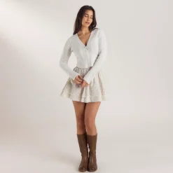 Fluted Sleeve Knitted Cardigan - Cream