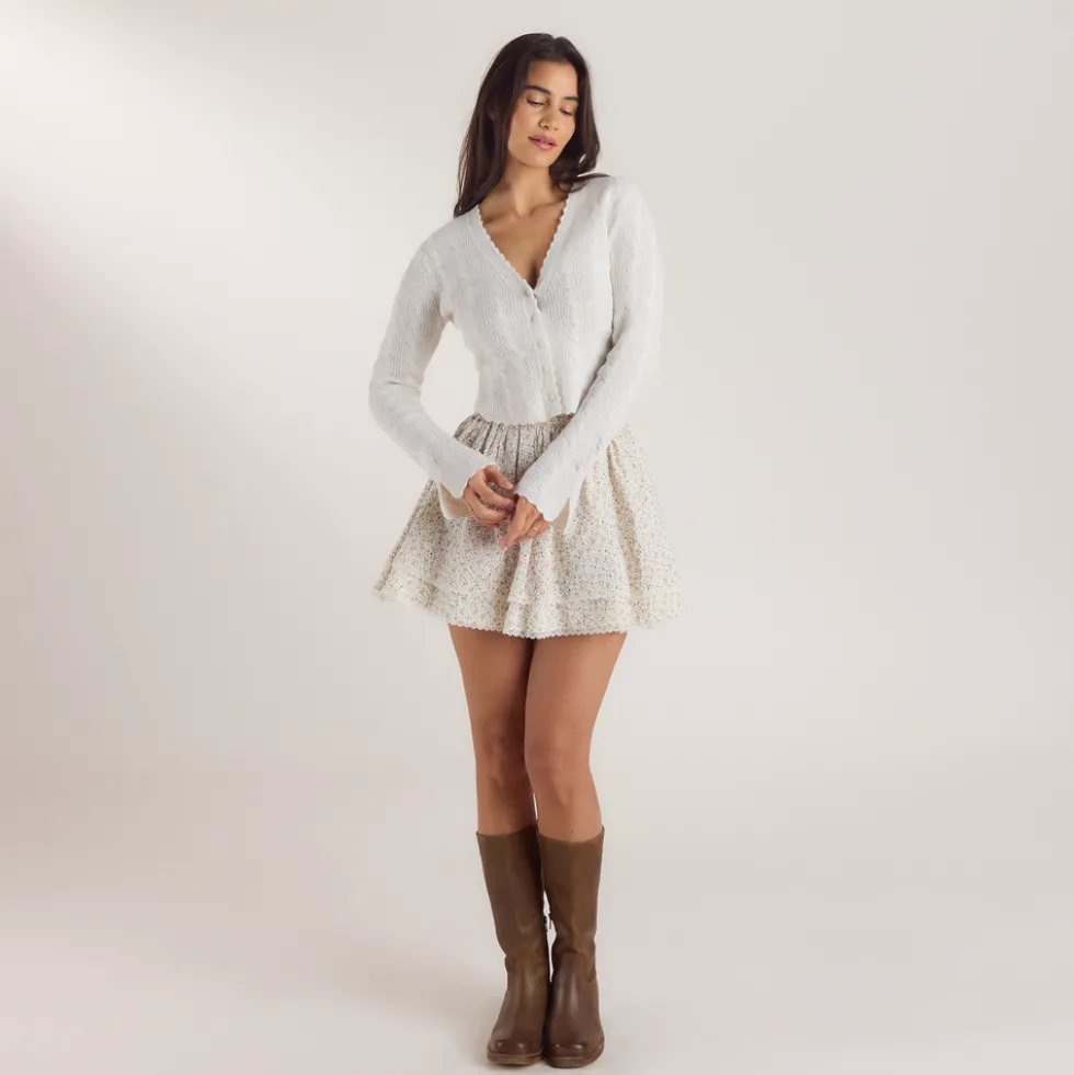 Fluted Sleeve Knitted Cardigan - Cream