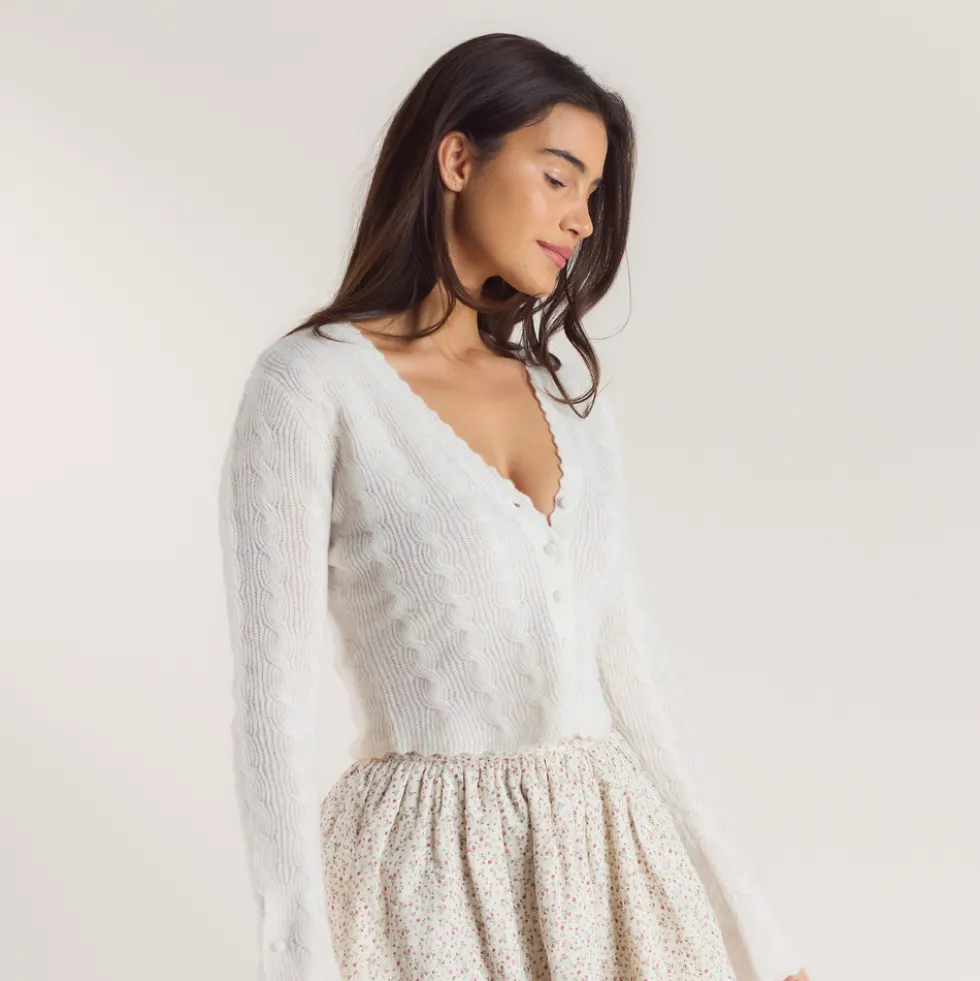 Fluted Sleeve Knitted Cardigan - Cream