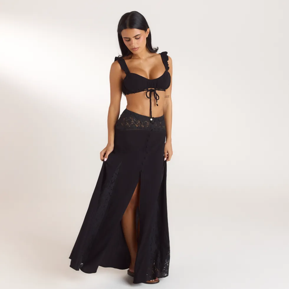 Lace Insert Maxi Skirt - Black