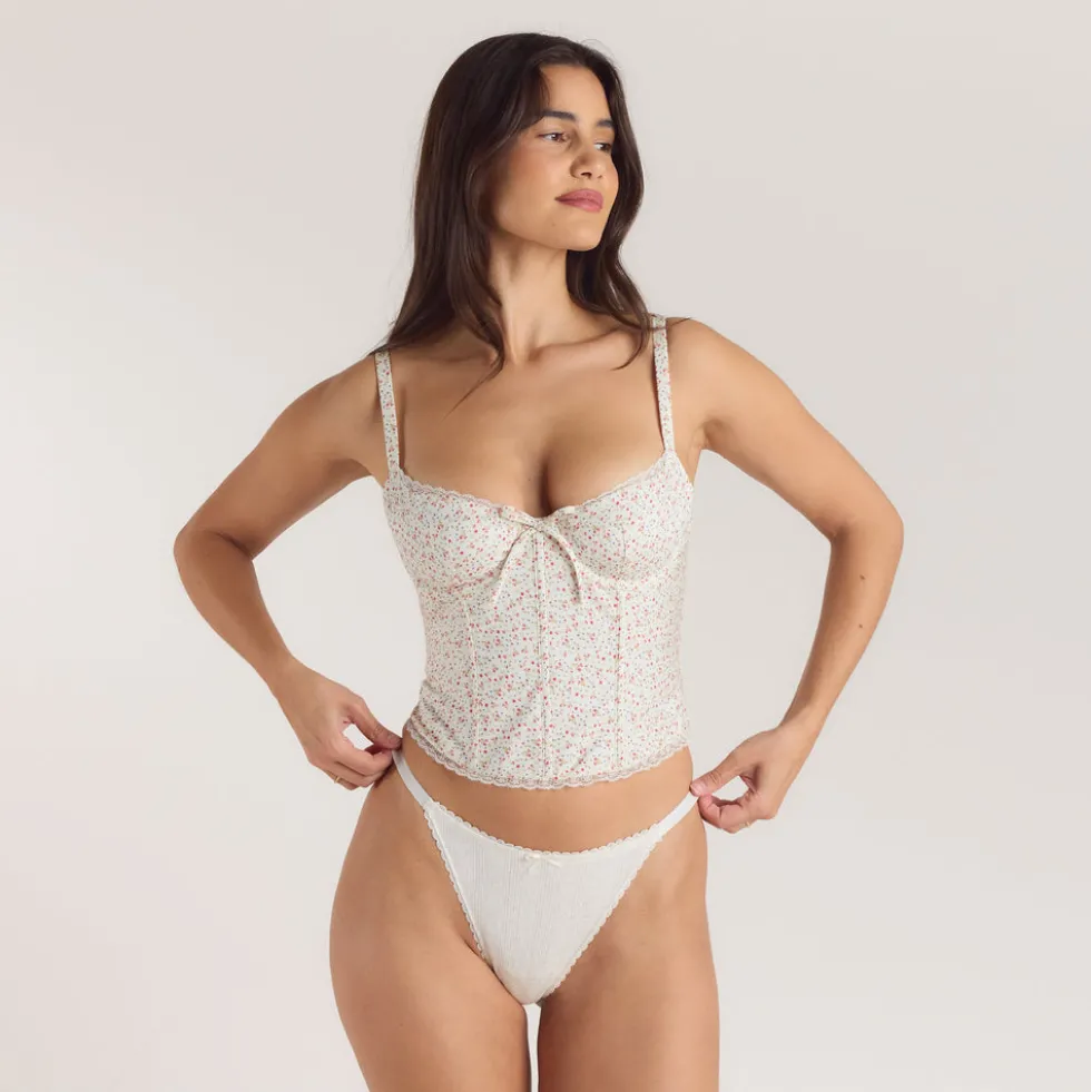 Lace Trim Corset Top - Pink Floral