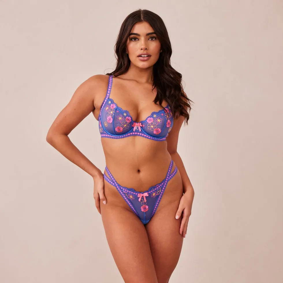 Neon Balcony Bra & Thong Set - Blue