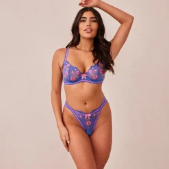Neon Balcony Bra & Thong Set - Blue