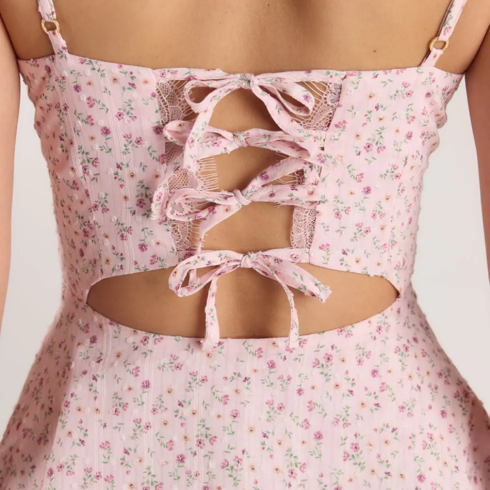 Pleat & Lace Detail Mini Dress - Pink Floral
