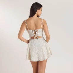 Pleat & Lace Detail Mini Dress - Cream Floral