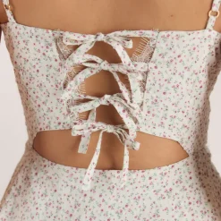 Pleat & Lace Detail Mini Dress - Cream Floral