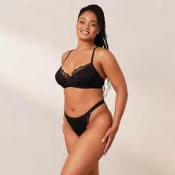 Ribbed Balcony Bra & Thong/Briefs Set - Black
