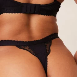 Ribbed Balcony Bra & Thong/Briefs Set - Black