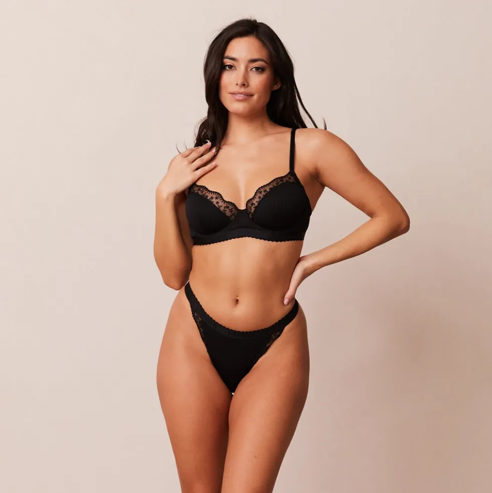 Ribbed Balcony Bra & Thong/Briefs Set - Black