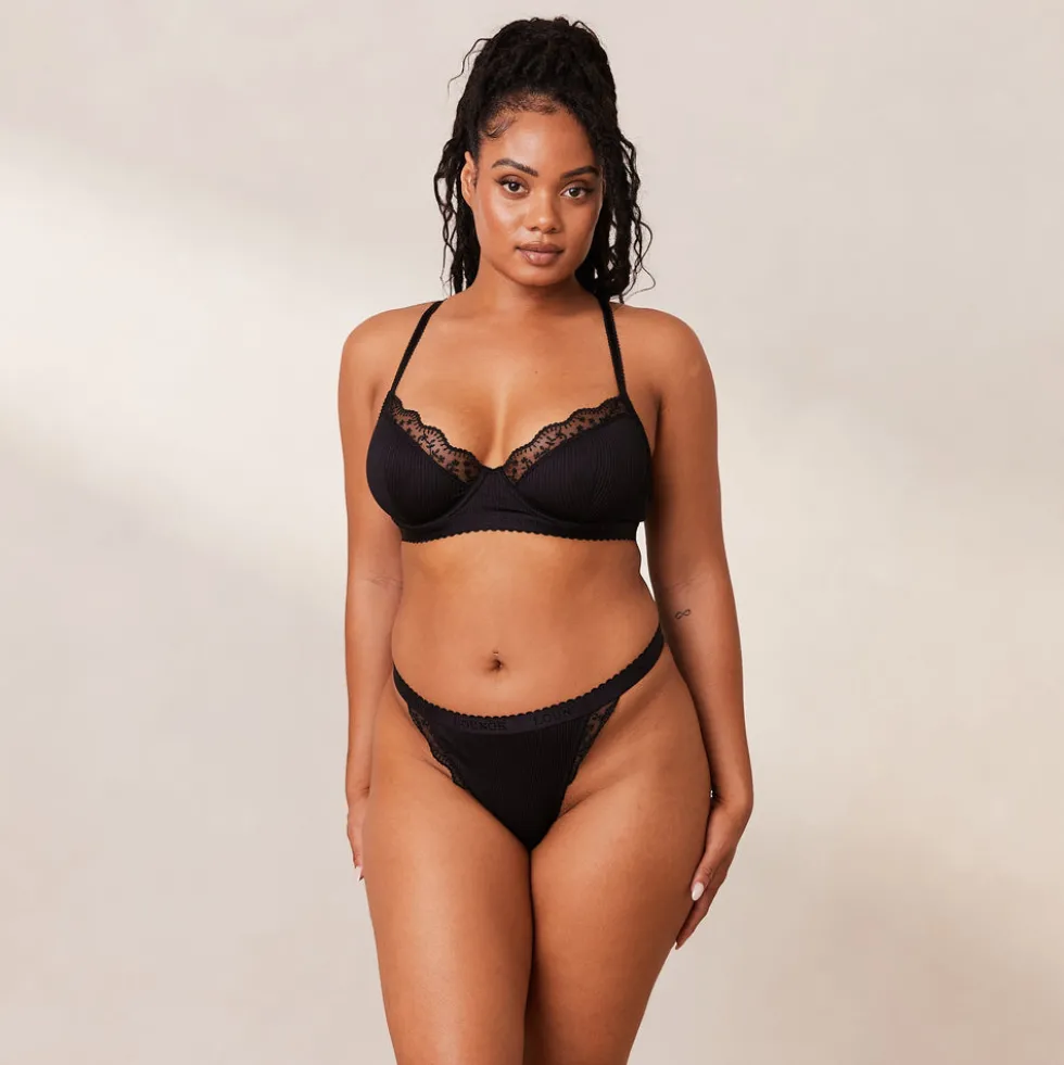 Ribbed Balcony Bra & Thong/Briefs Set - Black
