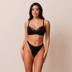 Ribbed Balcony Bra & Thong/Briefs Set - Black
