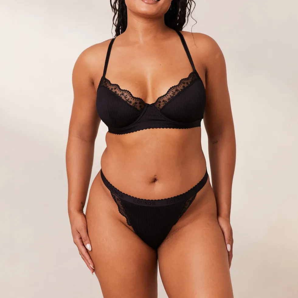 Ribbed Balcony Bra & Thong/Briefs Set - Black