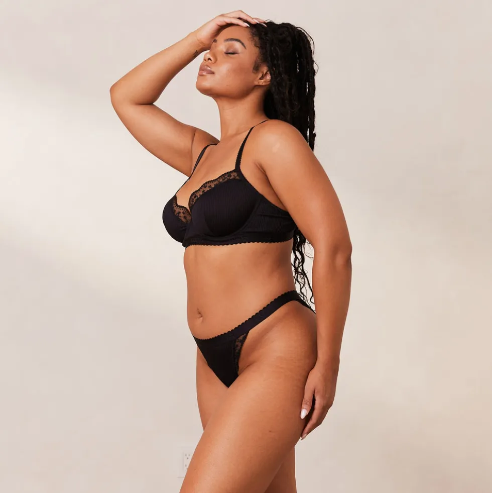 Ribbed Balcony Bra & Thong/Briefs Set - Black