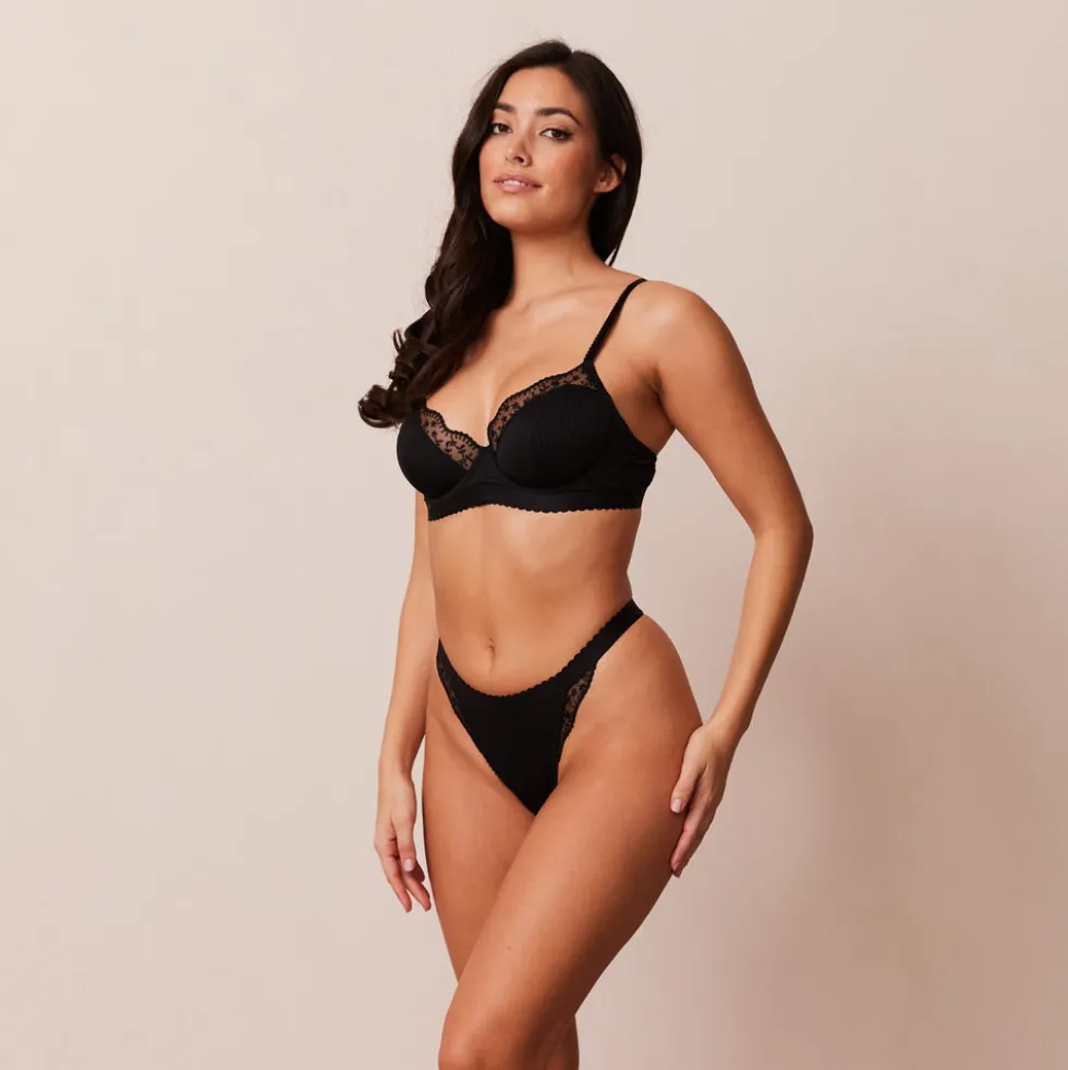 Ribbed Balcony Bra & Thong/Briefs Set - Black