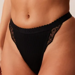 Ribbed Balcony Bra & Thong/Briefs Set - Black