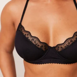 Ribbed Balcony Bra & Thong/Briefs Set - Black