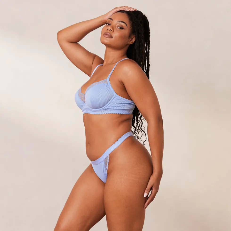 Ribbed Balcony Bra & Thong/Briefs Set - Blue