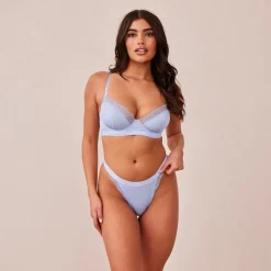Ribbed Balcony Bra & Thong/Briefs Set - Blue