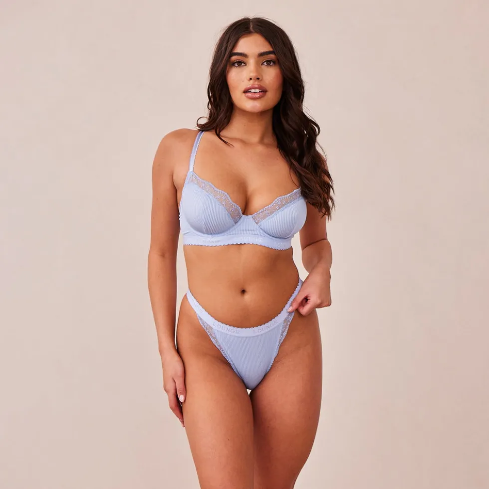 Ribbed Balcony Bra & Thong/Briefs Set - Blue