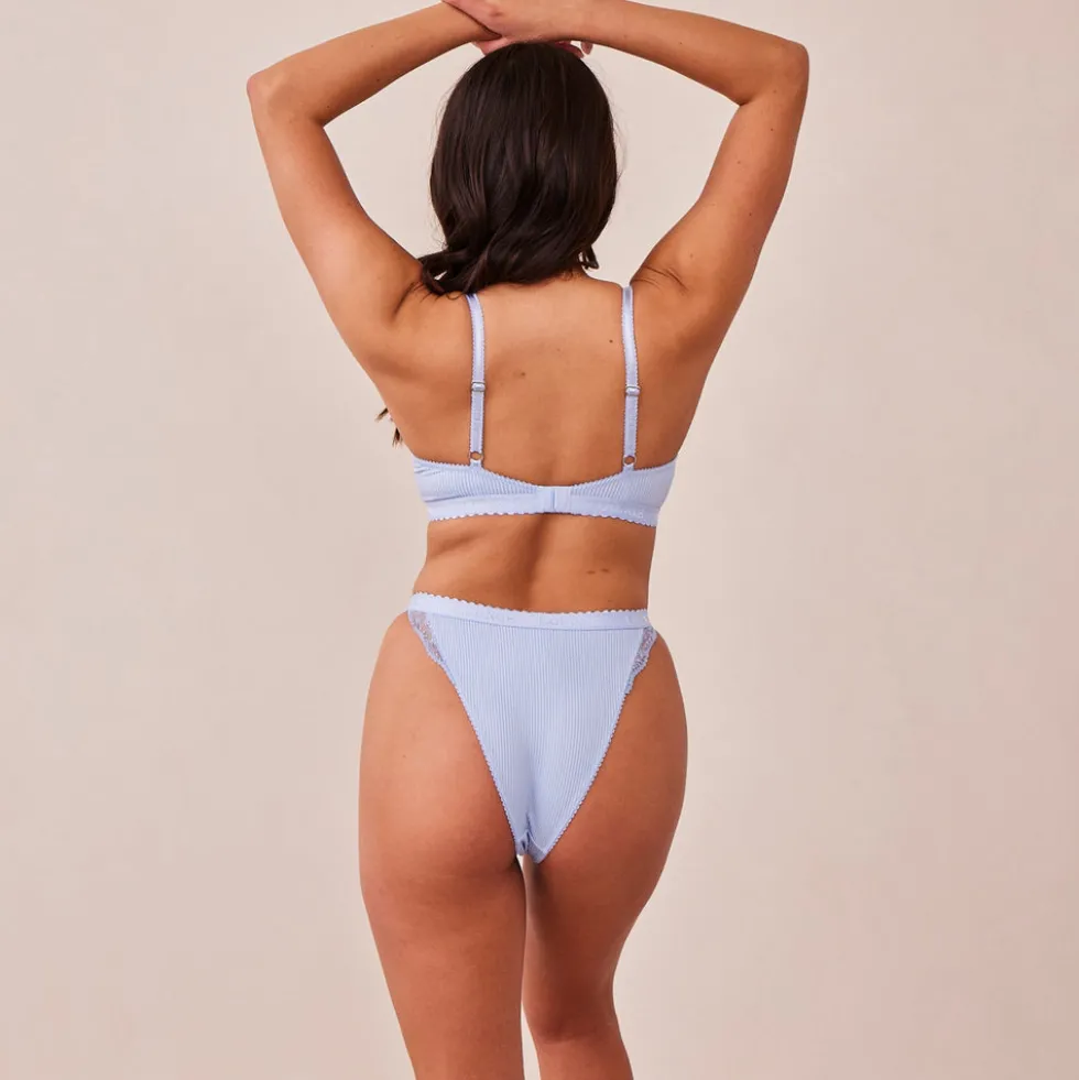 Ribbed Balcony Bra & Thong/Briefs Set - Blue