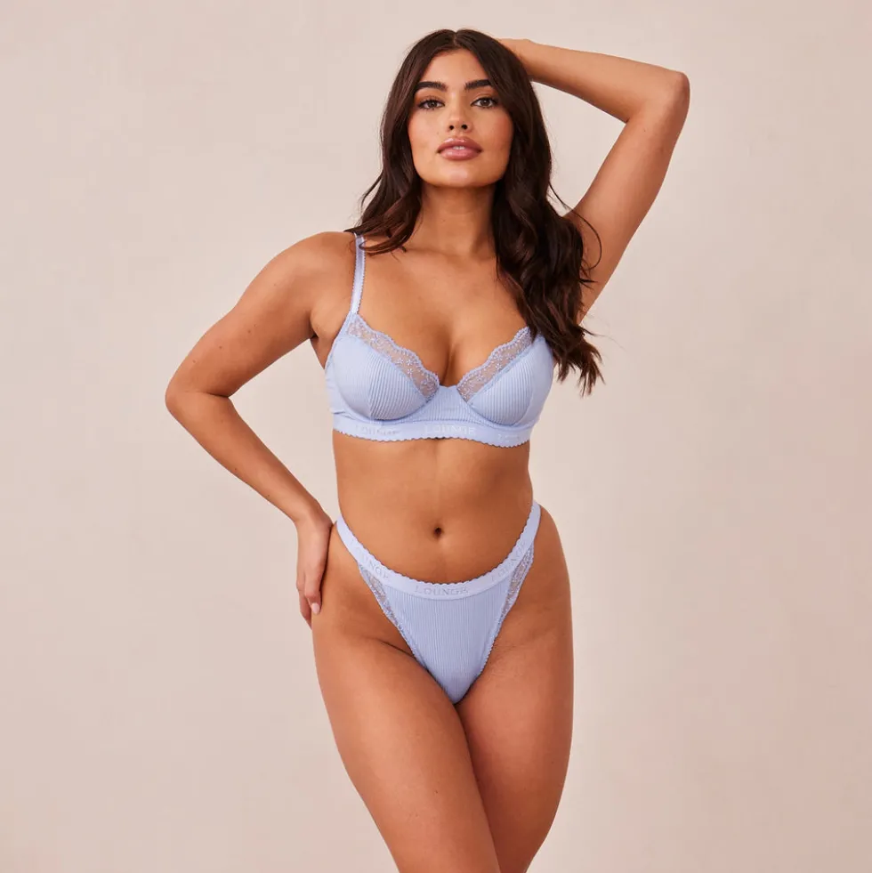 Ribbed Balcony Bra & Thong/Briefs Set - Blue