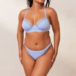 Ribbed Balcony Bra & Thong/Briefs Set - Blue