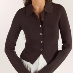 Ribbed Knitted Cardigan - Chocolate