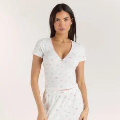 Ribbed Short-Sleeve Pajama Top - White Floral