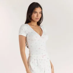 Ribbed Short-Sleeve Pajama Top - White Floral