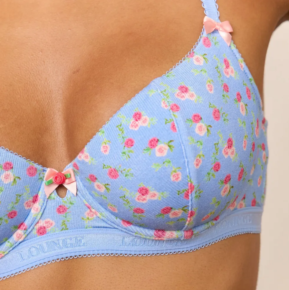 Rosebud Ribbed Balcony Bra - Blue Floral